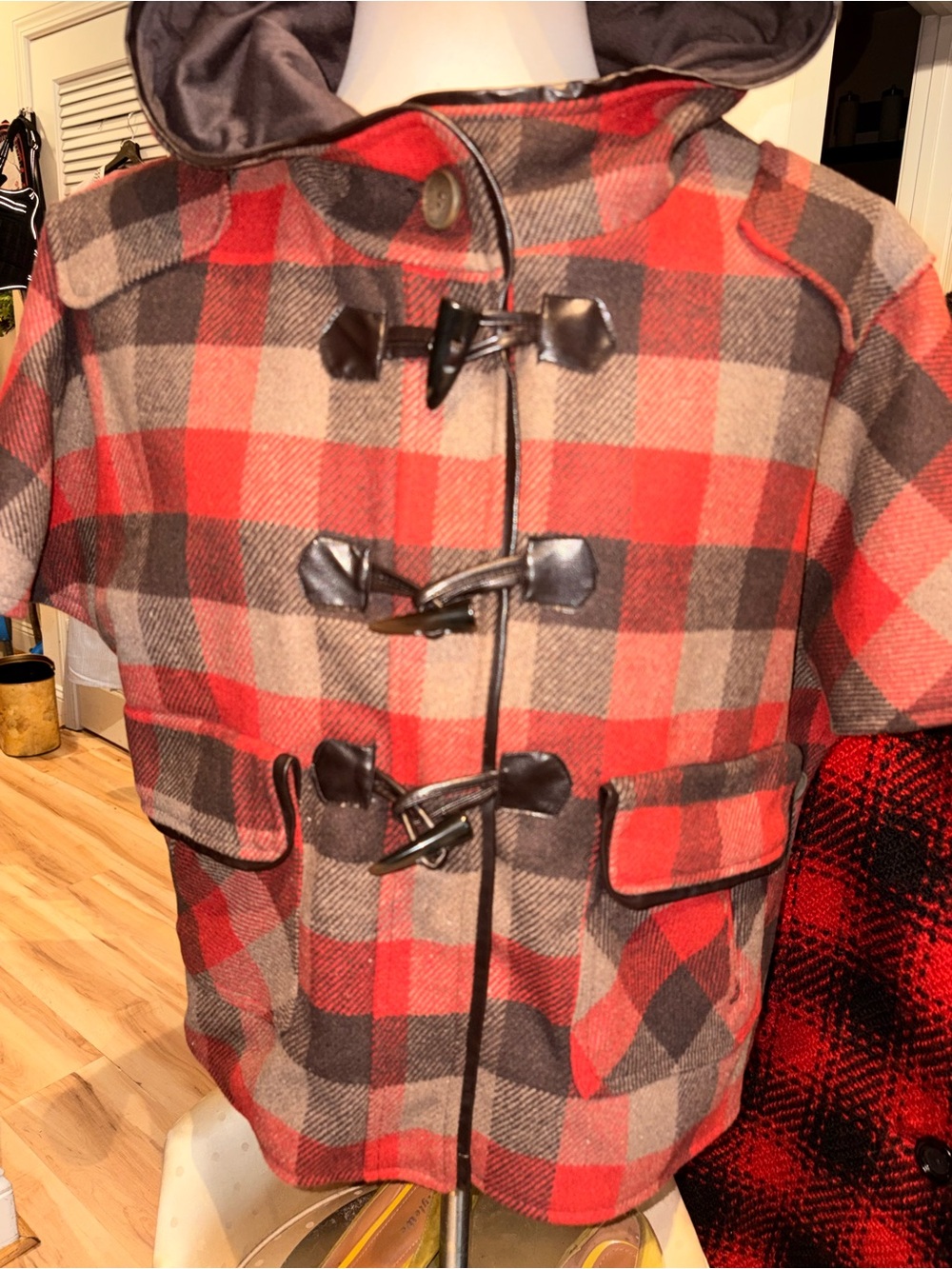DOLLHOUSE Red & Brown Plaid Toggle Hooded Coat